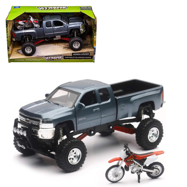 NEW RAY 1:32 CHEVROLET SILVERADO 2500HD GREY /HONDA CR250R