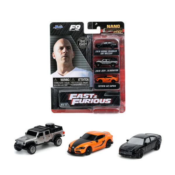JADA 1:72 NANO RIDERS F&F 2020 DODGE CHARGER SRT HELLCAT, 2020 JEEP GLADIATOR, TOYOTA GR SUPRA
