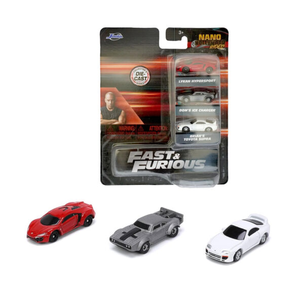 JADA 1:72 NANO RIDERS F&F LYKAN HYPERSPORT, DOM´S ICE CHARGER, BRIAN´S TOYOTA SUPRA